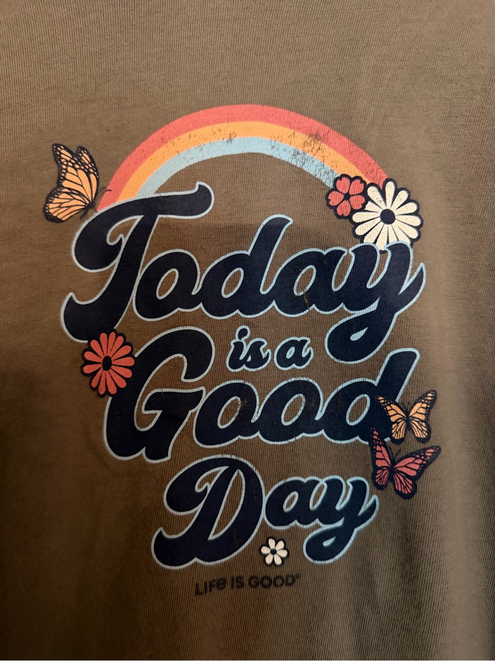 Life Is Good Taupe Gray Graphic Pullover Long Sleeve Tee Rainbow and Butterflies - Picture 2 of 5